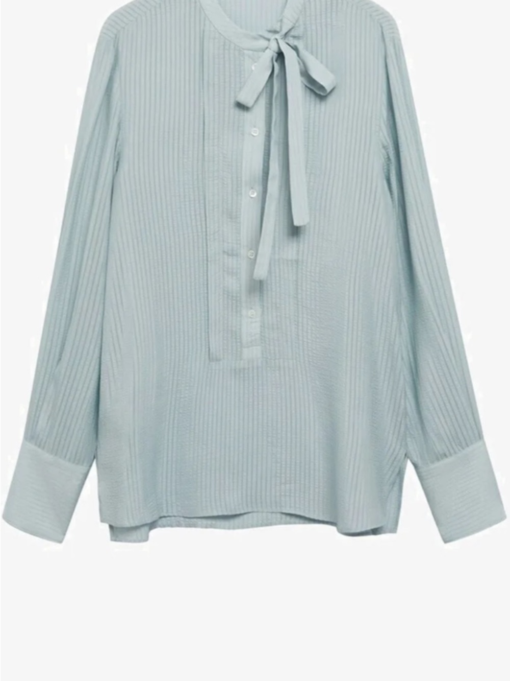 Mango Pale Blue Pintuck Tie-Neck Blouse